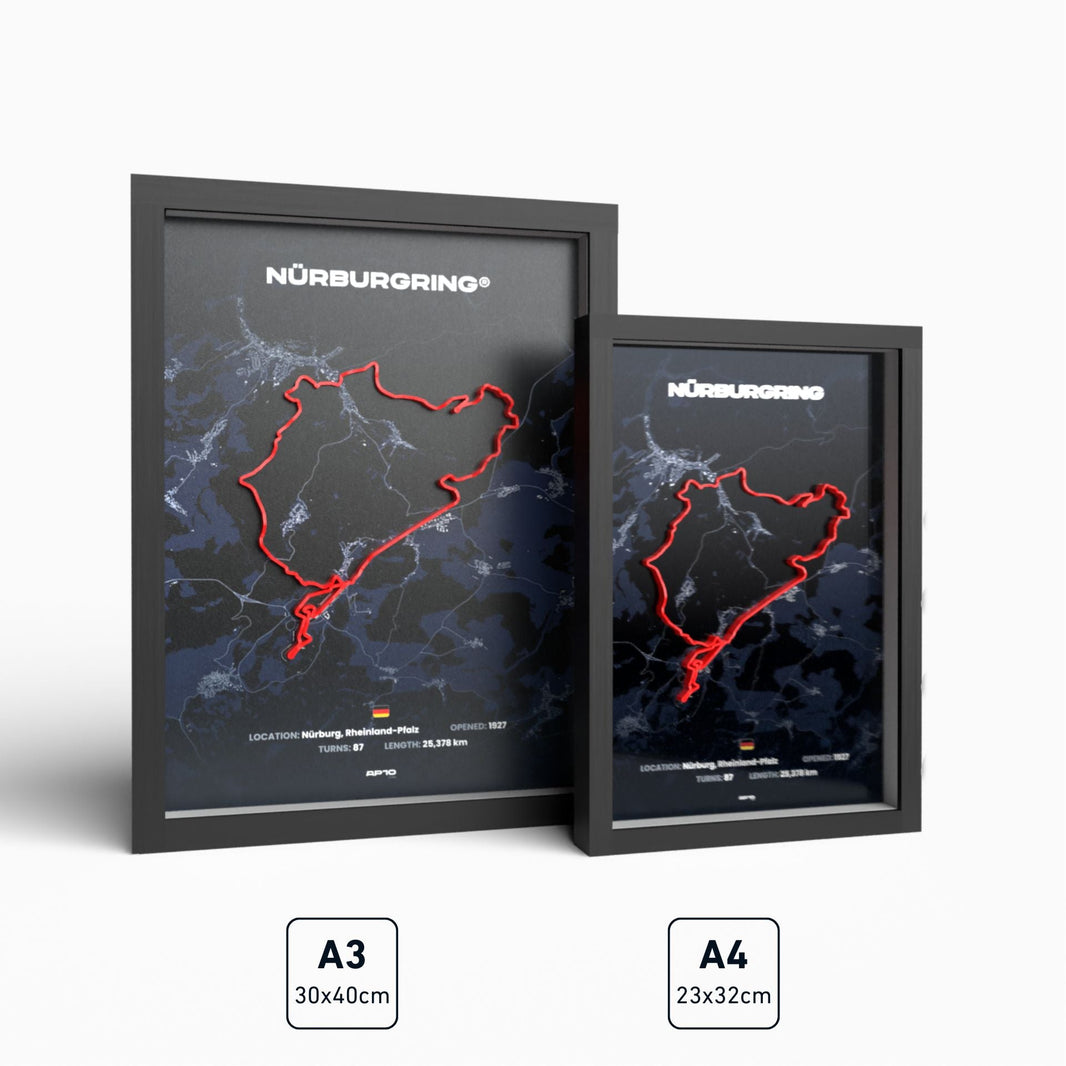 Nürburgring-Streckenbild mit roter 3D-Strecke im schwarzen Holzrahmen in A3 und A4 nebeneinander
