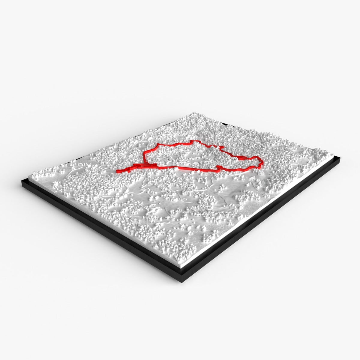 Nürburgring-Geländerelief im schwarzen Rahmen, flach von der Seite mit roter Streckenführung