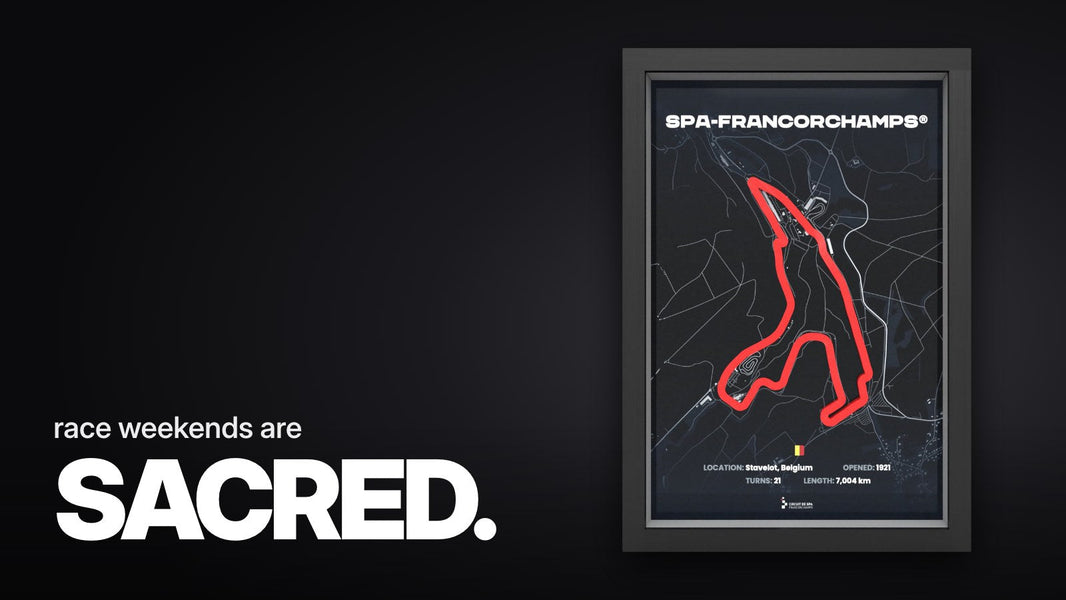 Text 'race weekends are SACRED.' above the framed 3D relief of the Spa-Francorchamps race track with red track line on dark blue map against a white background.