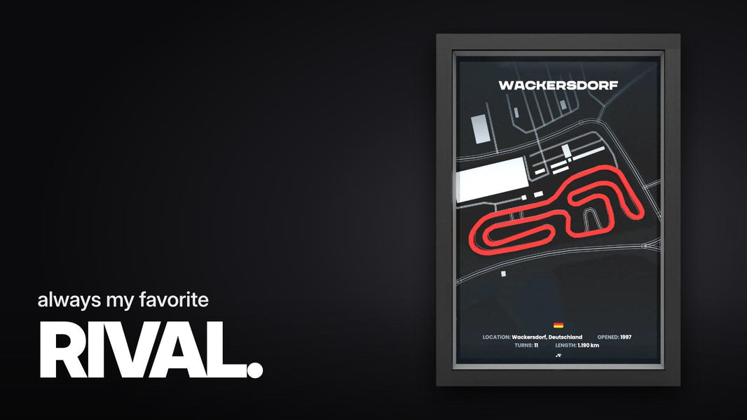 Text 'always my favorite RIVAL.' above the 3D frame of the Wackersdorf kart track with a red relief track on a dark map in a black frame.