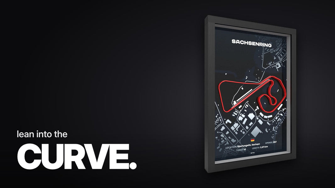 Text 'lean into the CURVE.' above the 3D frame of Sachsenring with red track line on dark map in a black frame, angled side view.