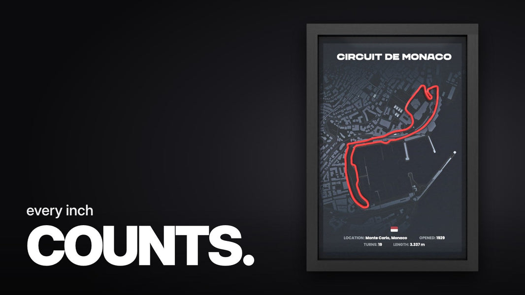 Text 'every inch COUNTS.' above the framed 3D relief of the Circuit de Monaco with red track on a dark city map in a black frame on a white background.