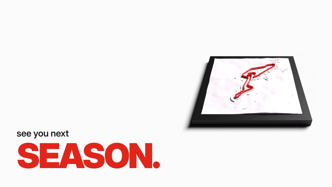 Text 'see you next SEASON.' above the 3D frame of Nürburgring GP in an angled view, with red Grand Prix track as raised relief on white terrain in a black frame.