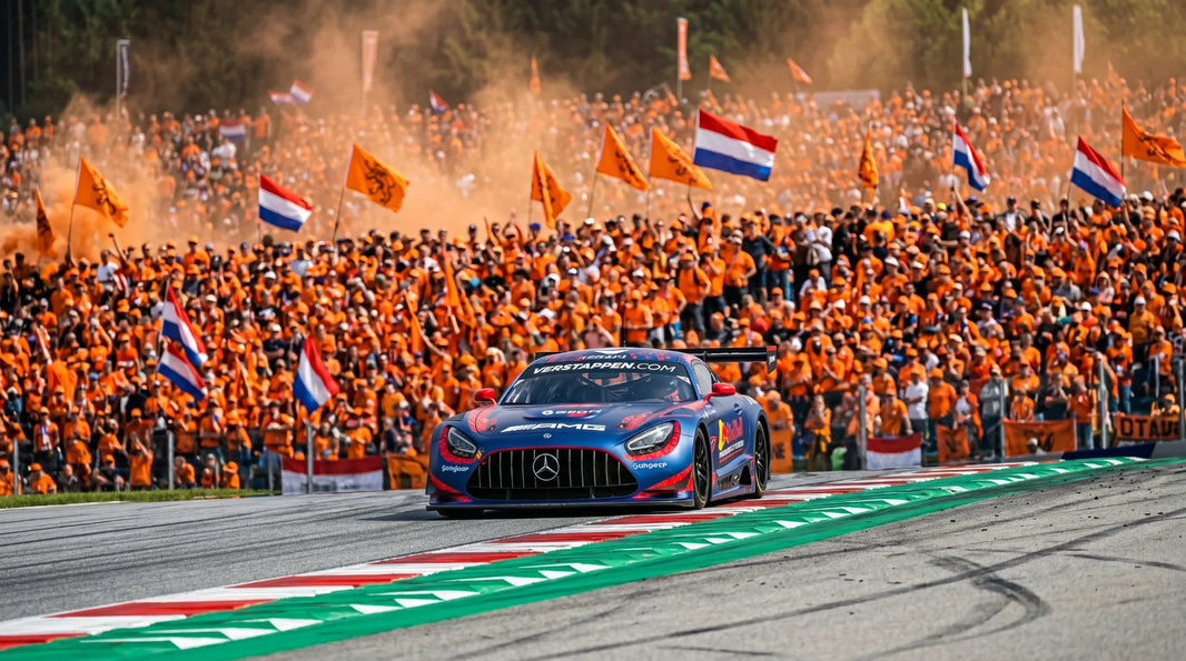 Max Verstappen im orange-schwarzen Mercedes-AMG GT3 auf der Nordschleife beim 24h Nürburgring 2026, umringt von der Orange Army