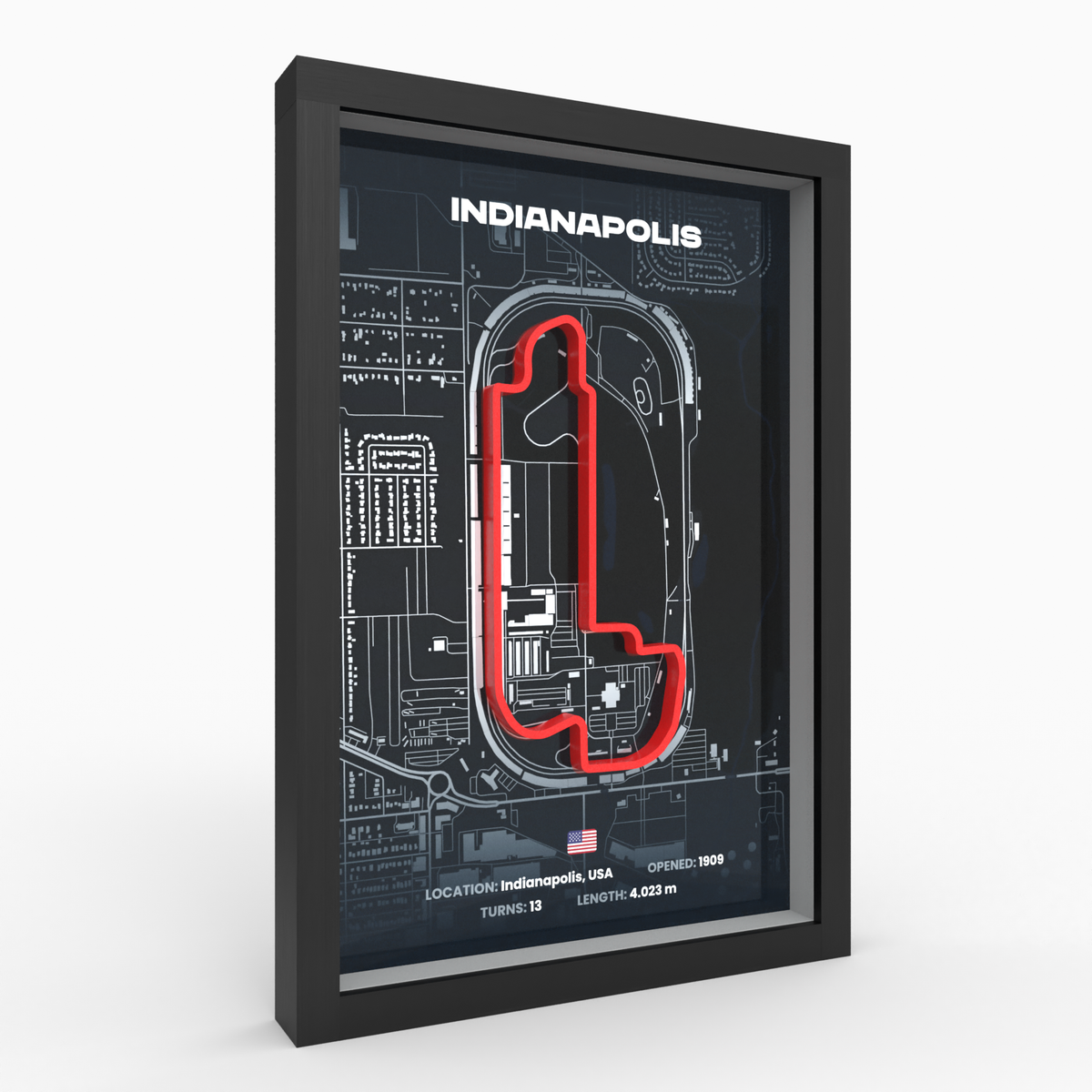 Indianapolis 3D-Rennstrecken-Poster im schwarzen Holzrahmen – Seitenansicht