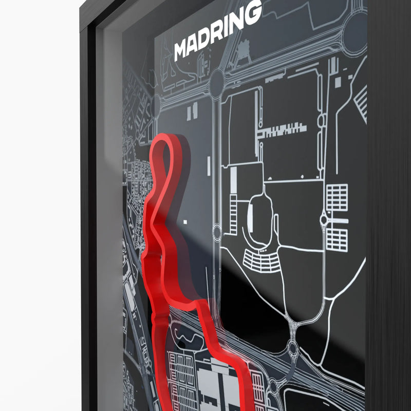 Nahaufnahme der 3D-gedruckten Madring-Strecke im Rahmen
