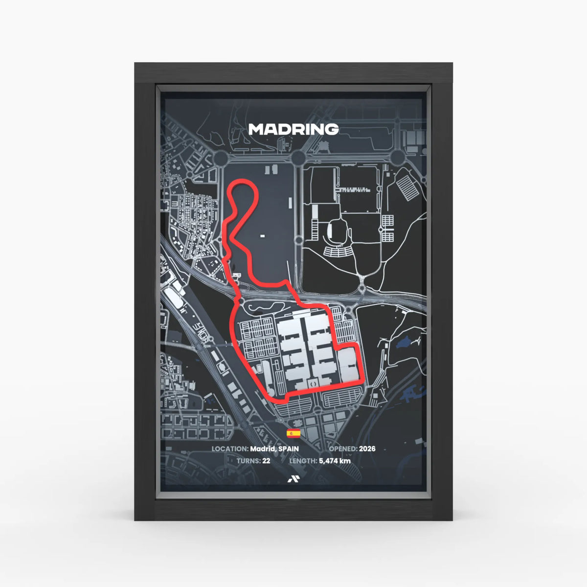 Madring 3D-Poster im Holzrahmen, Frontansicht mit Streckenverlauf Madrid
