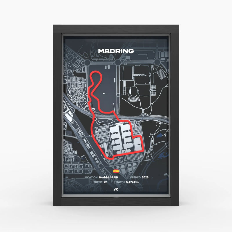 Madring 3D-Poster im Holzrahmen, Frontansicht mit Streckenverlauf Madrid