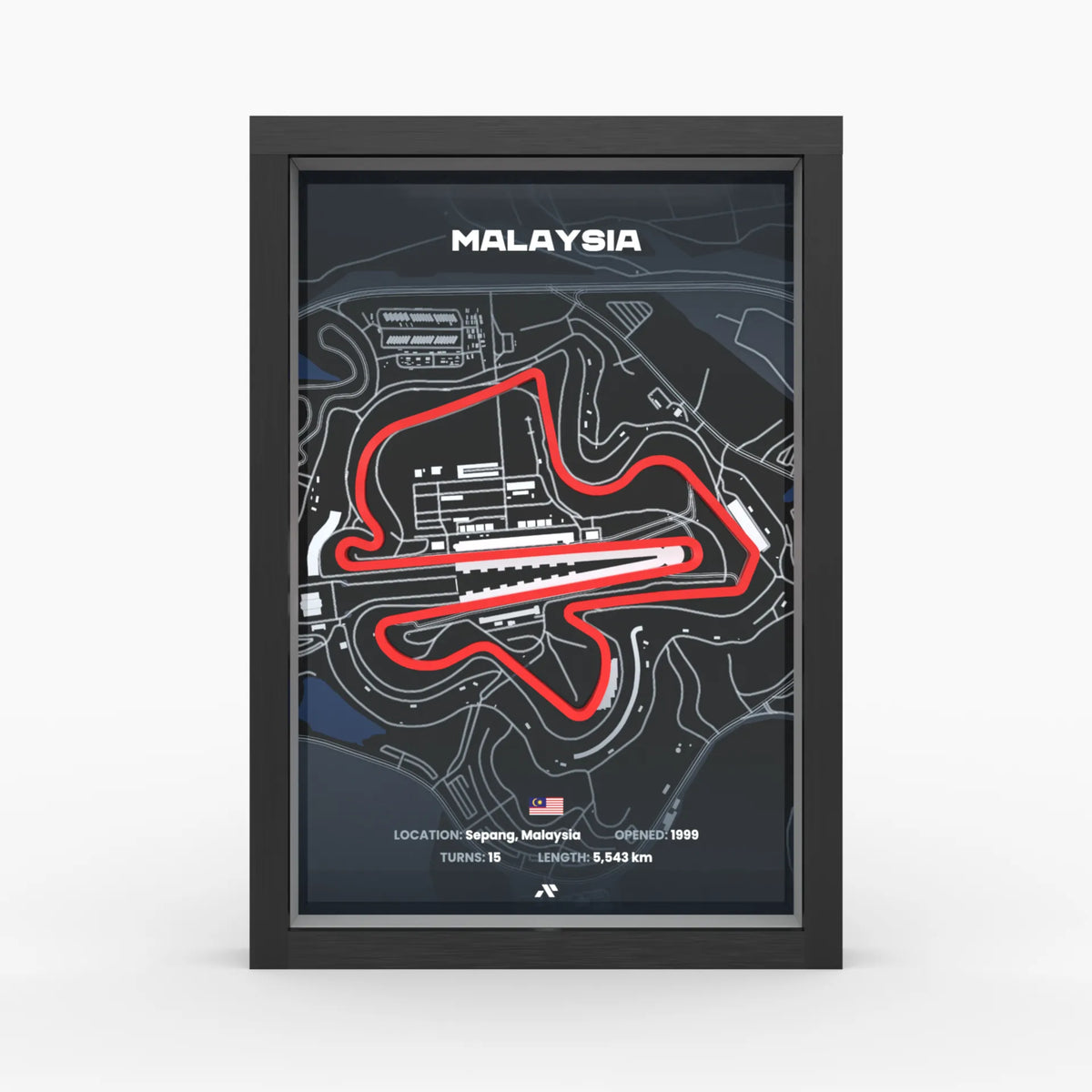 Malaysia 3D-Poster – Sepang International Circuit im schwarzen Holzrahmen, Frontansicht