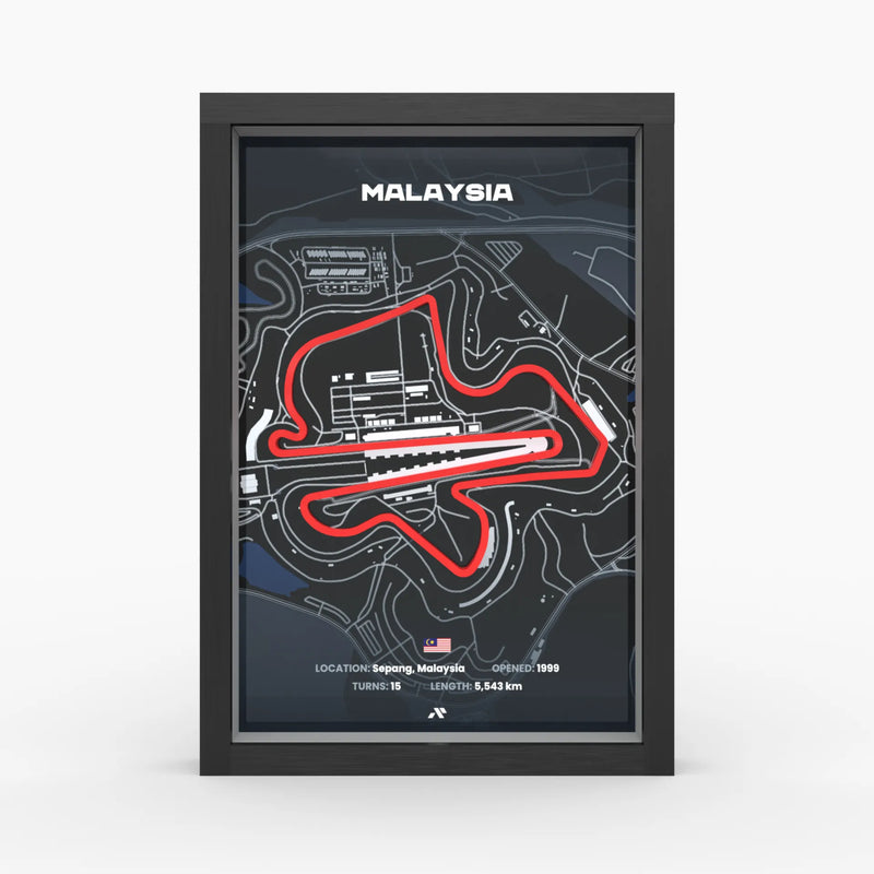 Malaysia 3D-Poster – Sepang International Circuit im schwarzen Holzrahmen, Frontansicht