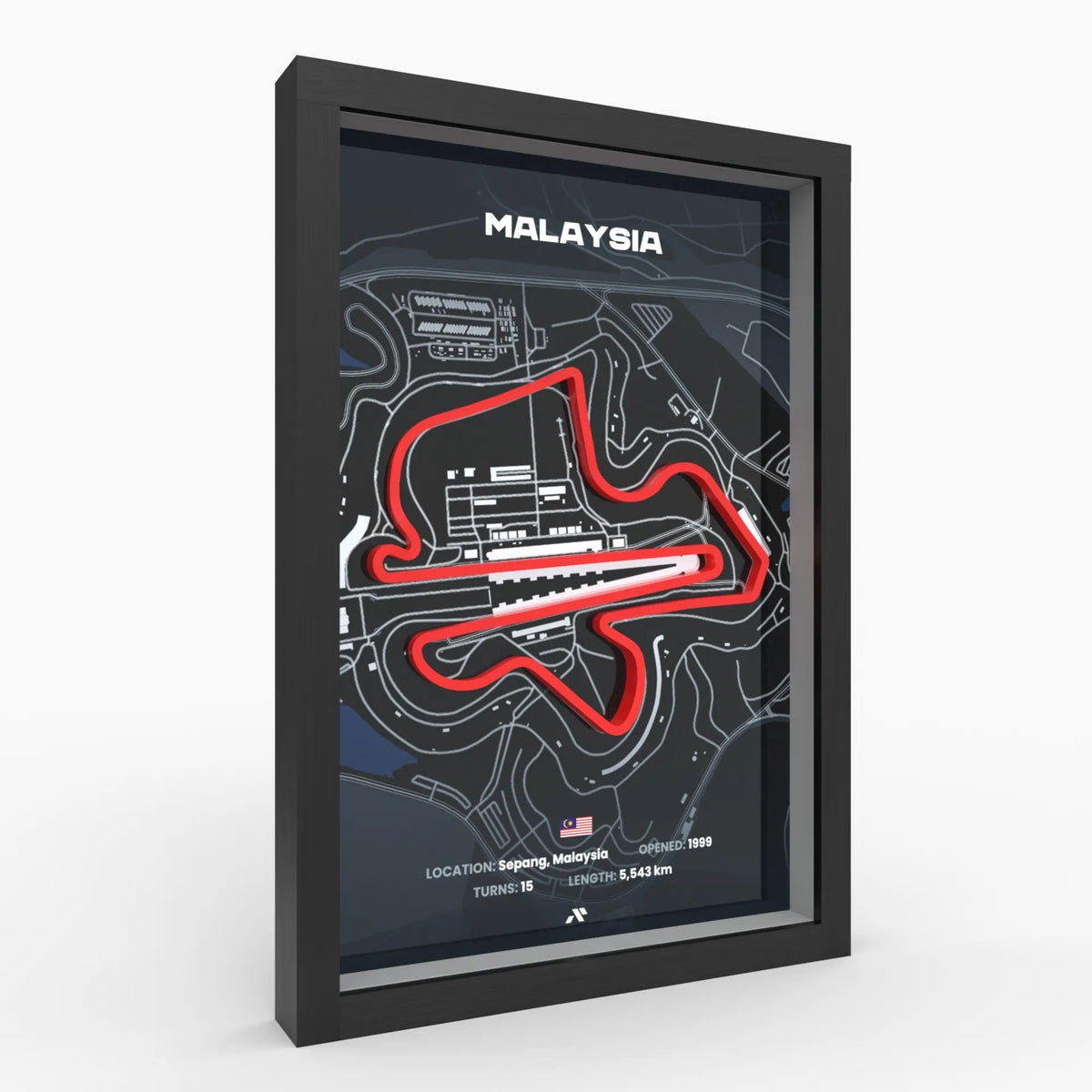 Malaysia 3D-Rennstrecken-Poster im schwarzen Holzrahmen, Seitenansicht