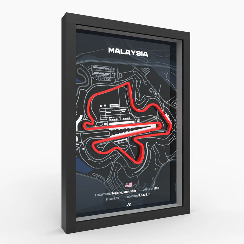 Malaysia 3D-Rennstrecken-Poster im schwarzen Holzrahmen, Seitenansicht